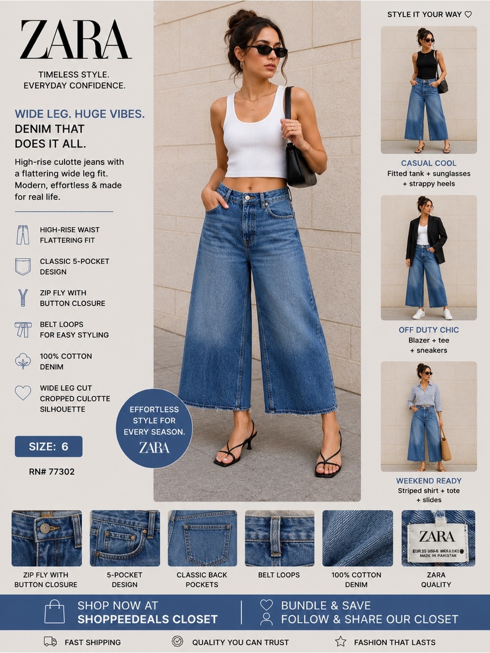 ZARA Wide Leg Denim Culotte Jeans | High Rise | Size US 6 - Picture 1 of 13